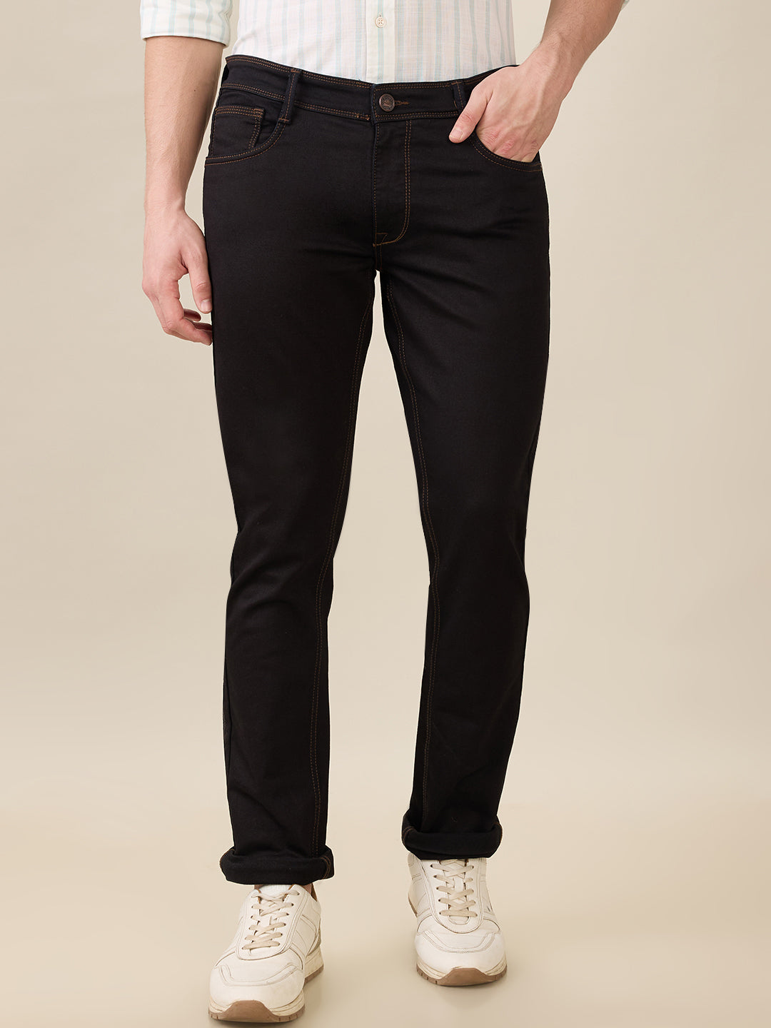 Parx Men Blue Knitted Low Rise Tapered Fit Cotton Blend Jeans