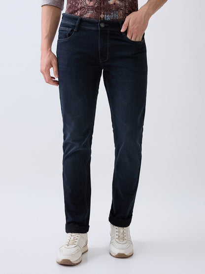 Parx Men Blue Knitted Low Rise Tapered Fit Cotton Blend Jeans