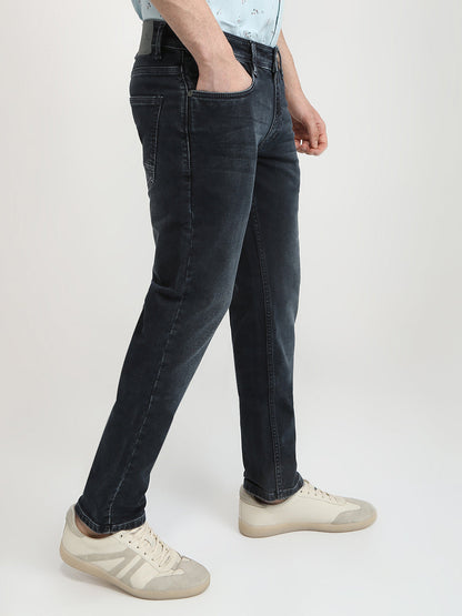 Parx Men Blue Knitted Low Rise Tapered Fit Cotton Blend Jeans