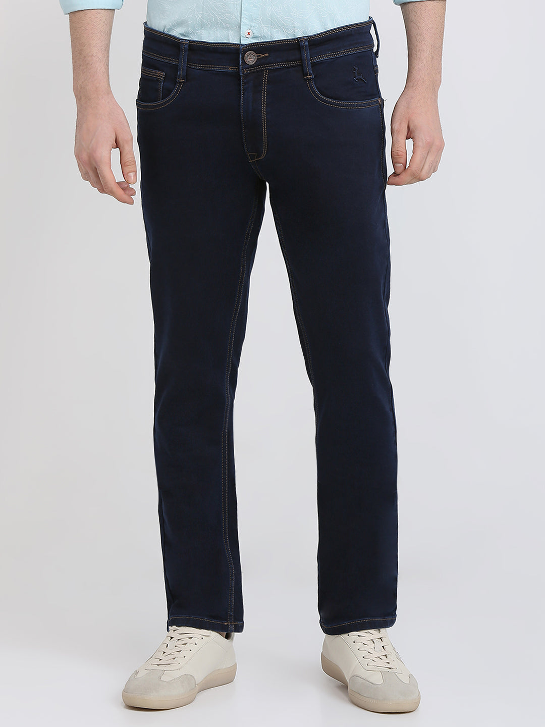 Parx Men Blue Knitted Low Rise Tapered Fit Cotton Blend Jeans