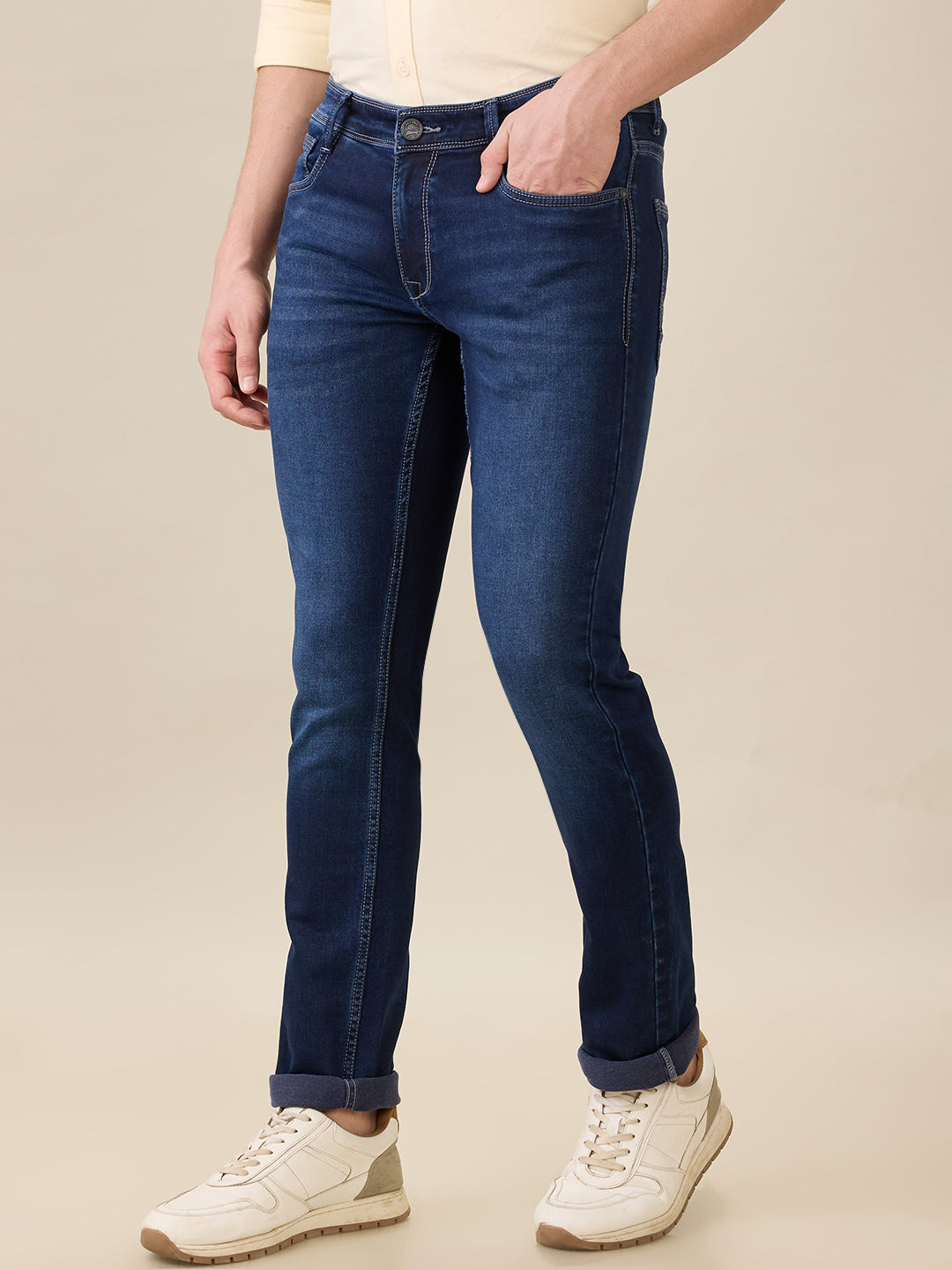 Parx Men Blue Knitted Low Rise Tapered Fit Cotton Blend Jeans