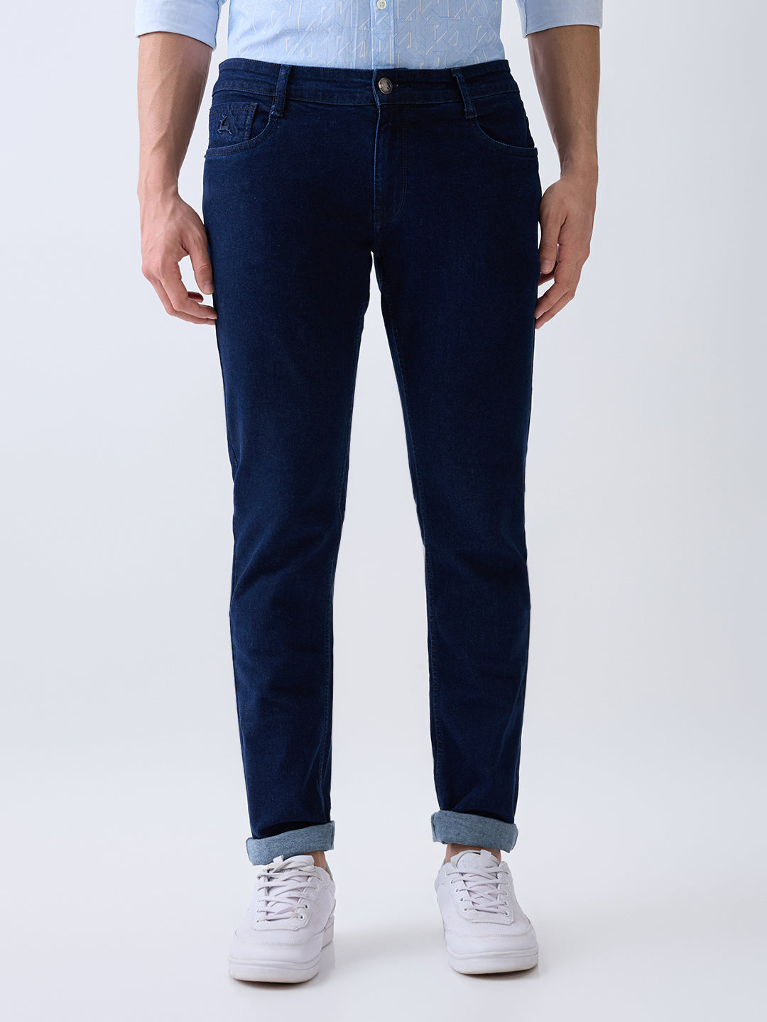 Parx Men Blue Knitted Low Rise Tapered Fit Cotton Blend Jeans