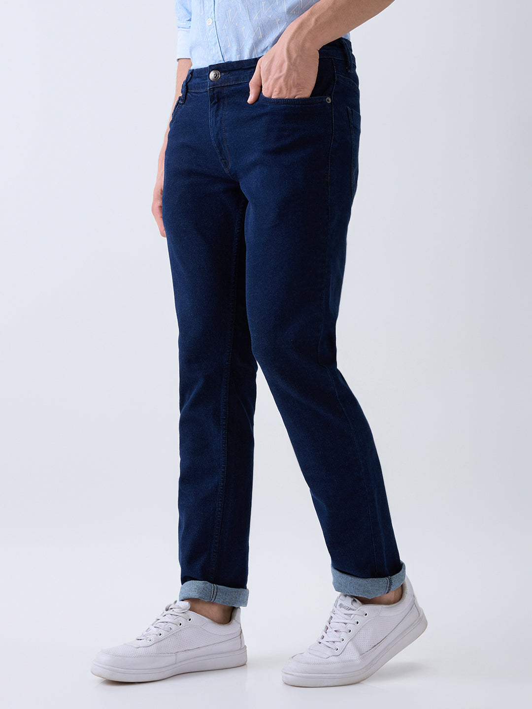 Parx Men Blue Knitted Low Rise Tapered Fit Cotton Blend Jeans