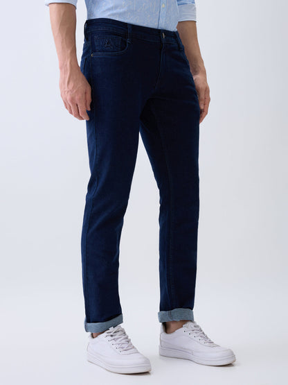 Parx Men Blue Knitted Low Rise Tapered Fit Cotton Blend Jeans