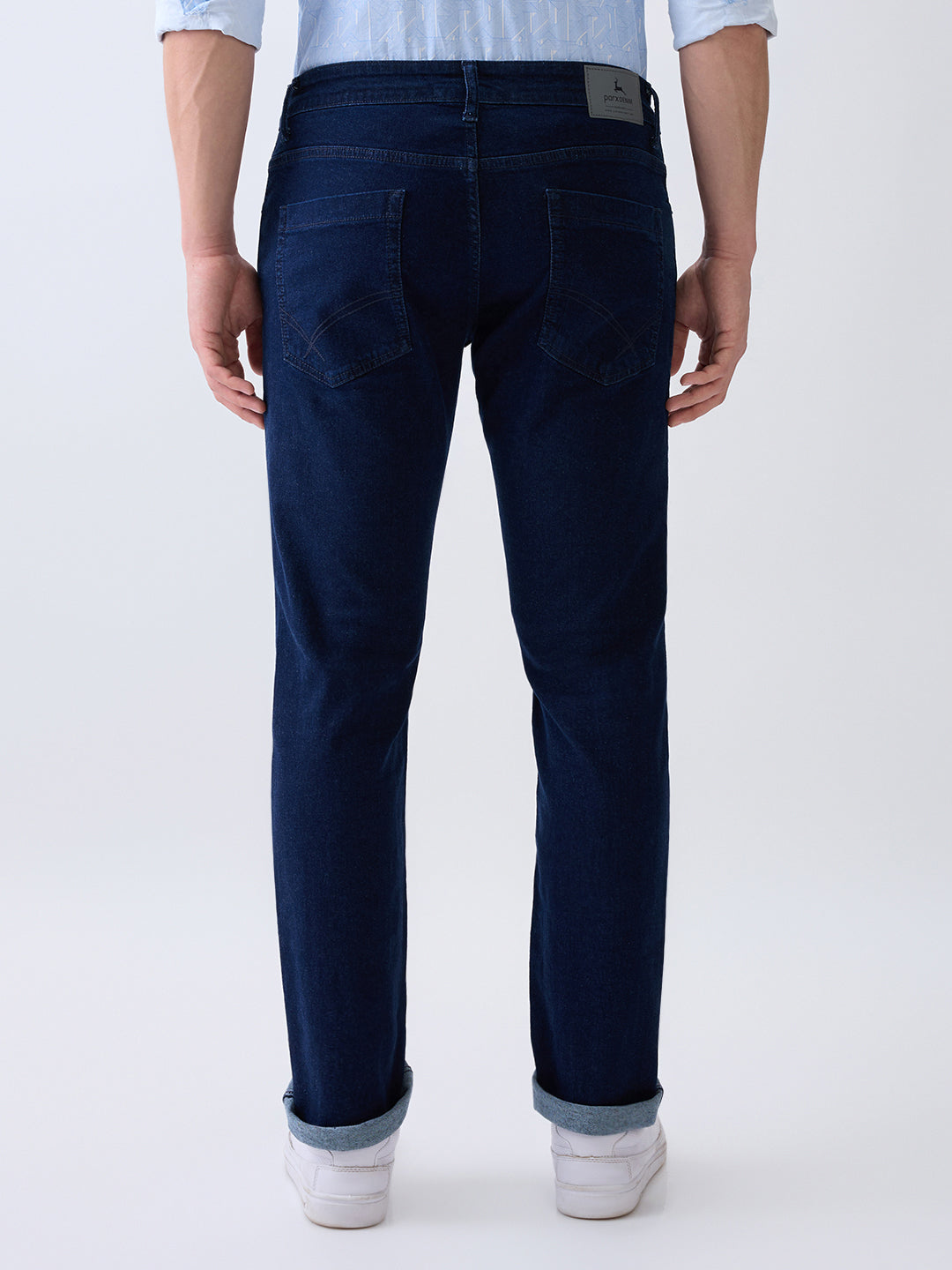 Parx Men Blue Knitted Low Rise Tapered Fit Cotton Blend Jeans