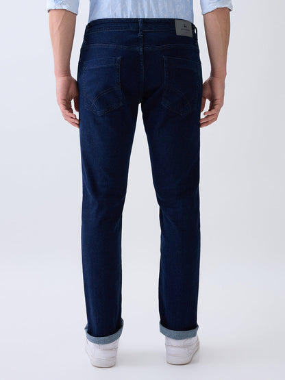 Parx Men Blue Knitted Low Rise Tapered Fit Cotton Blend Jeans