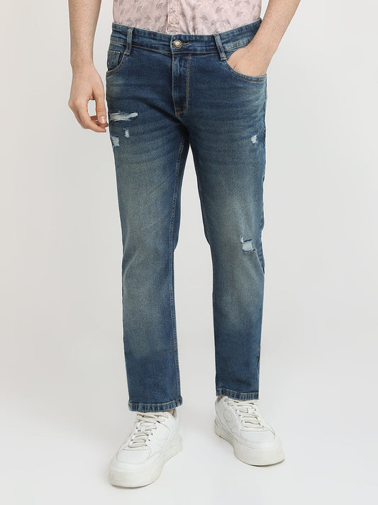 Parx Men Blue Knitted Low Rise Tapered Fit Cotton Blend Jeans