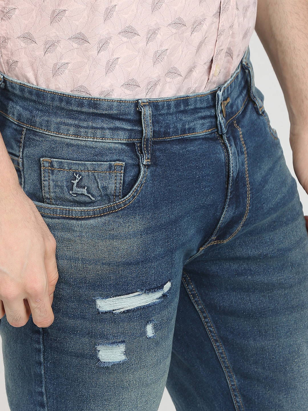 Parx Men Blue Knitted Low Rise Tapered Fit Cotton Blend Jeans