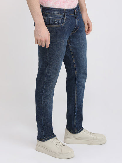 Parx Men Blue Knitted Low Rise Tapered Fit Cotton Blend Jeans