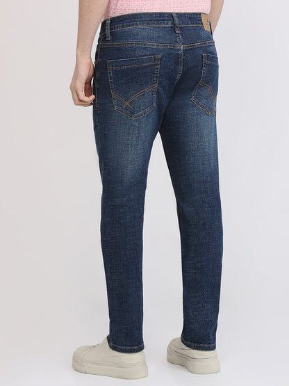 Parx Men Blue Knitted Low Rise Tapered Fit Cotton Blend Jeans