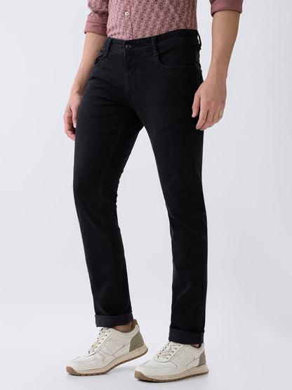 Parx Men Black Knitted Low Rise Tapered Fit Cotton Blend Jeans