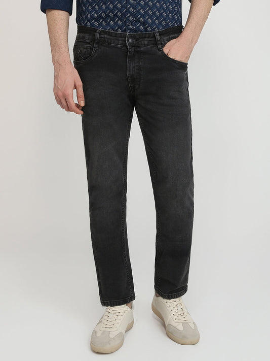 Parx Men Black Knitted Low Rise Tapered Fit Cotton Blend Jeans