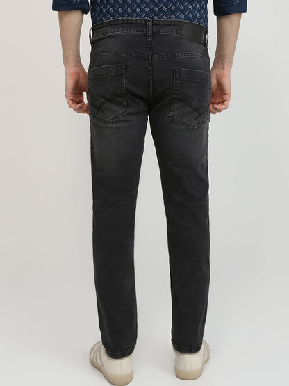 Parx Men Black Knitted Low Rise Tapered Fit Cotton Blend Jeans