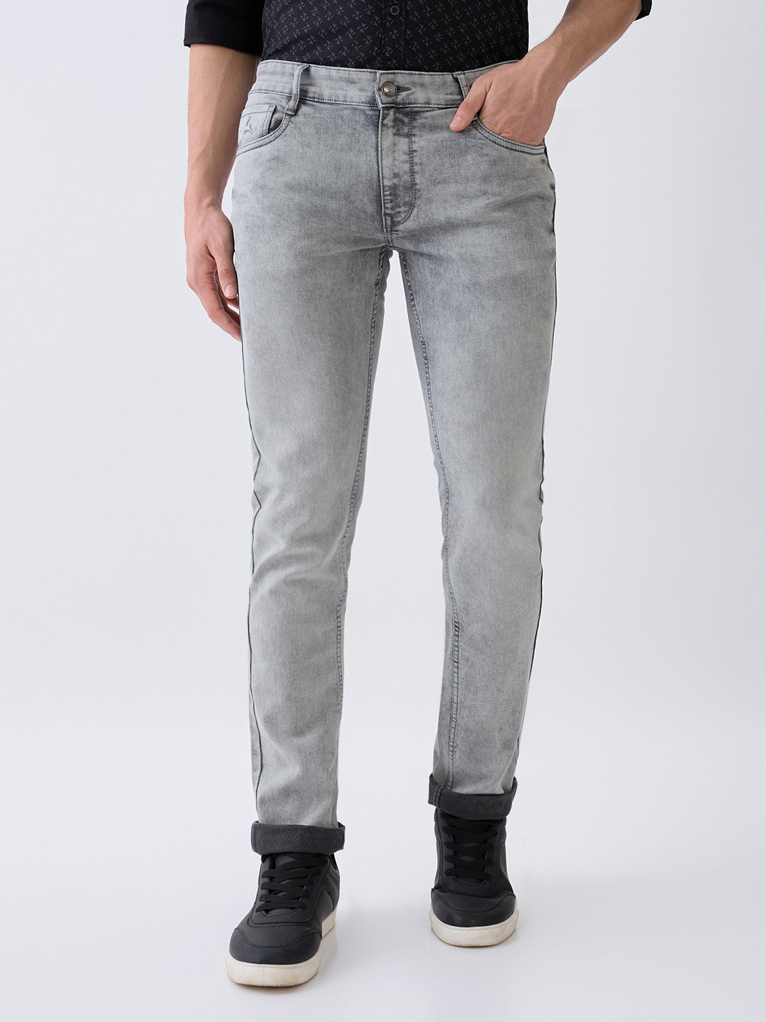 Parx Men Grey Knitted Low Rise Tapered Fit Cotton Blend Jeans