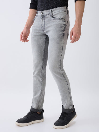 Parx Men Grey Knitted Low Rise Tapered Fit Cotton Blend Jeans