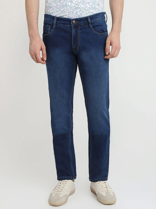 Parx Men Blue Knitted Low Rise Tapered Fit Cotton Blend Jeans