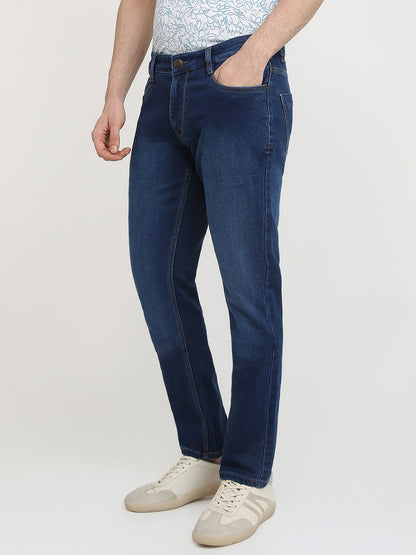 Parx Men Blue Knitted Low Rise Tapered Fit Cotton Blend Jeans