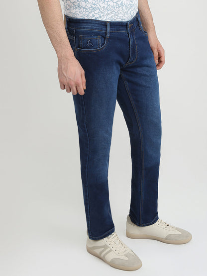 Parx Men Blue Knitted Low Rise Tapered Fit Cotton Blend Jeans