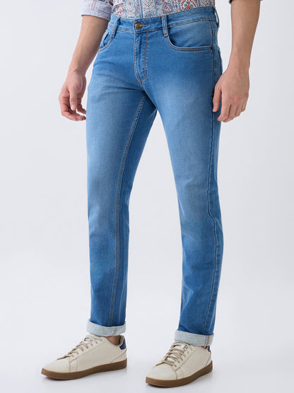 Parx Men Blue Knitted Low Rise Tapered Fit Cotton Blend Jeans