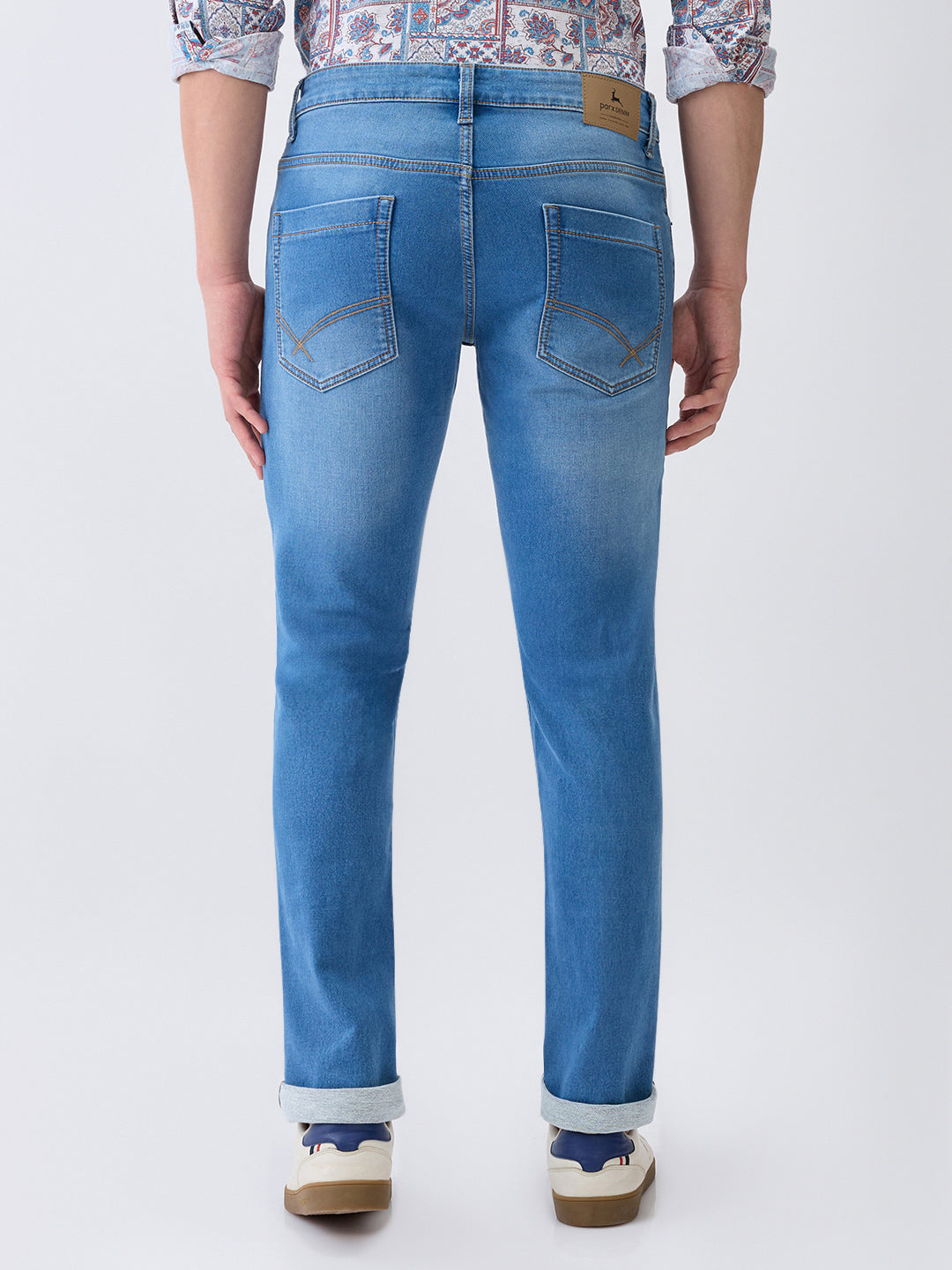 Parx Men Blue Knitted Low Rise Tapered Fit Cotton Blend Jeans