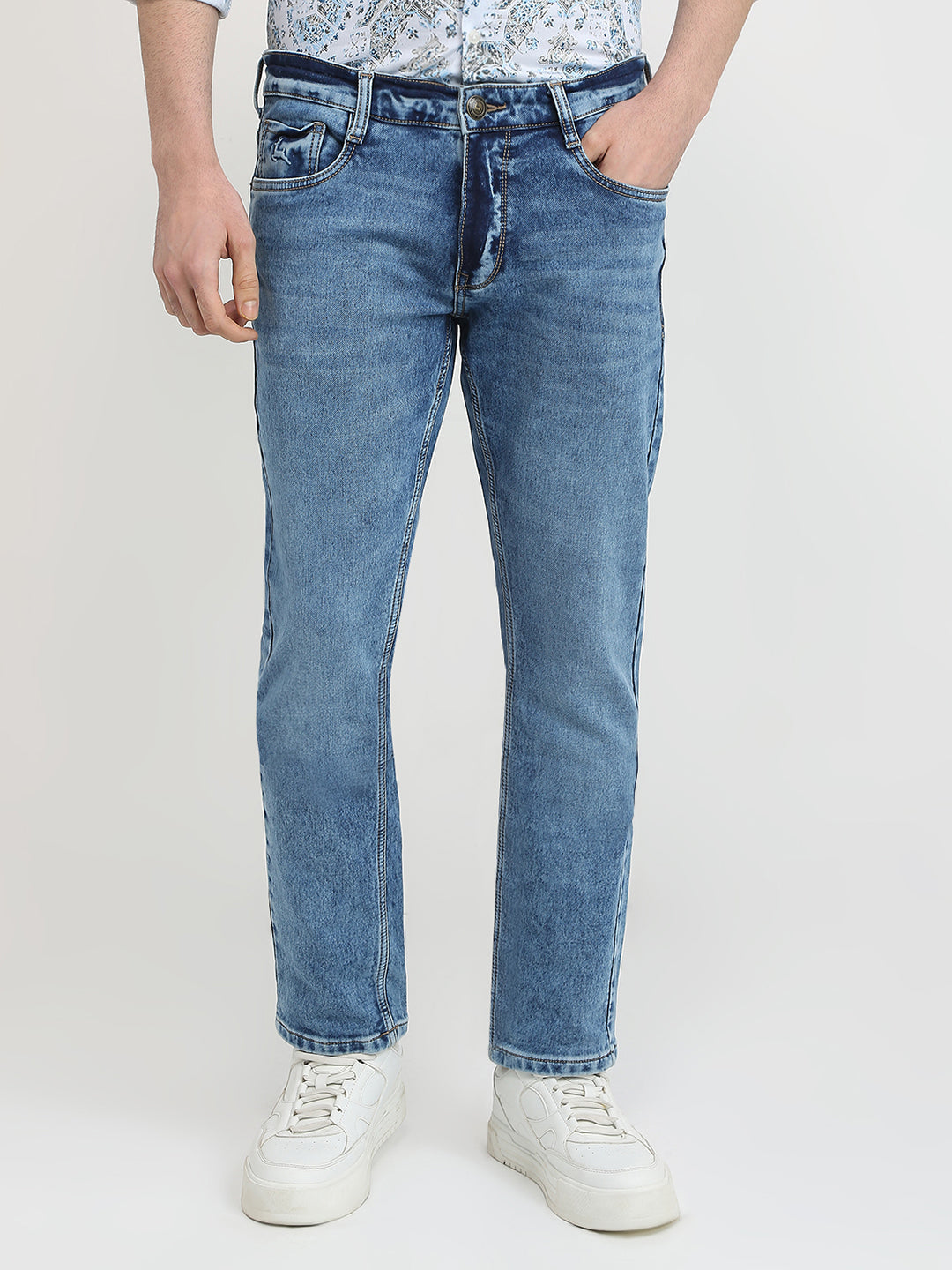 Parx Men Blue Knitted Low Rise Tapered Fit Cotton Blend Jeans