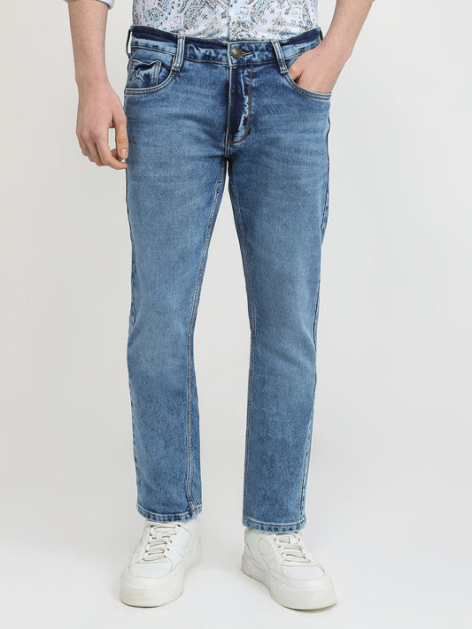 Parx Men Blue Knitted Low Rise Tapered Fit Cotton Blend Jeans