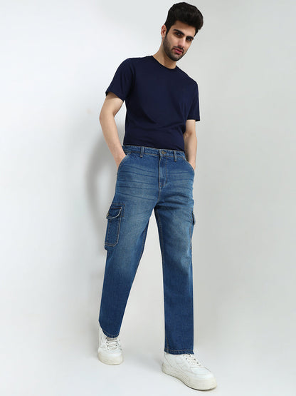 Parx Men Blue Knitted Slim Tapered Fit Cotton Blend Jeans