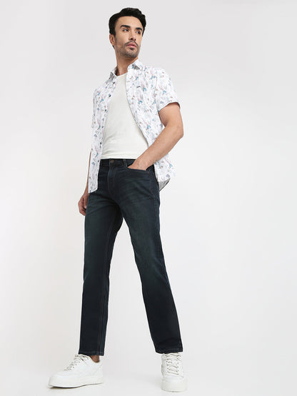 Parx Men Blue Knitted Mid Rise Straight Cotton Blend Jeans