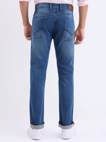 Parx Men Blue Knitted Mid Rise Straight Cotton Blend Jeans