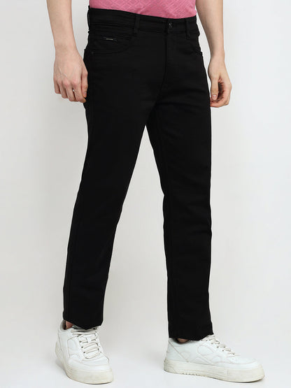 Parx Men Black Knitted Slim Tapered Fit Cotton Blend Jeans