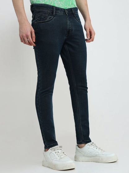 Parx Men Blue Knitted Low Rise Skinny Cropped Cotton Blend Jeans