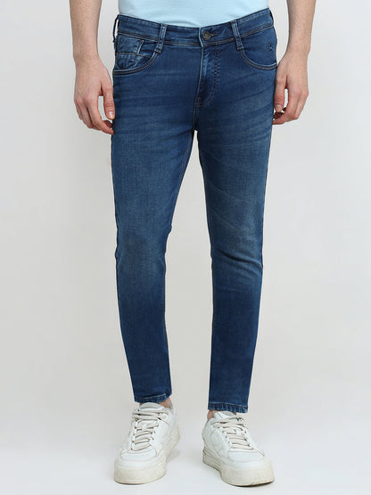 Parx Men Blue Knitted Low Rise Skinny Cropped Cotton Blend Jeans