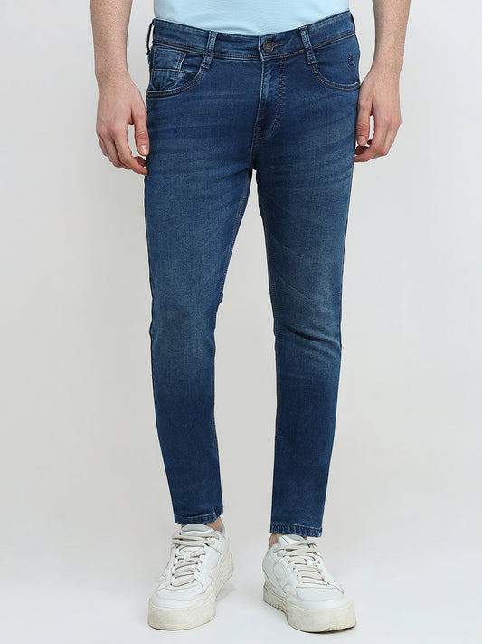 Parx Men Blue Knitted Low Rise Skinny Cropped Cotton Blend Jeans