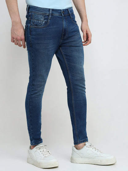 Parx Men Blue Knitted Low Rise Skinny Cropped Cotton Blend Jeans