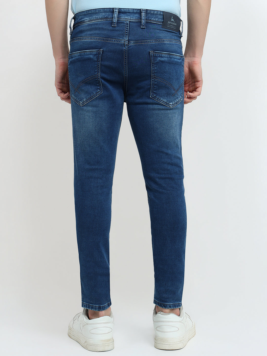 Parx Men Blue Knitted Low Rise Skinny Cropped Cotton Blend Jeans