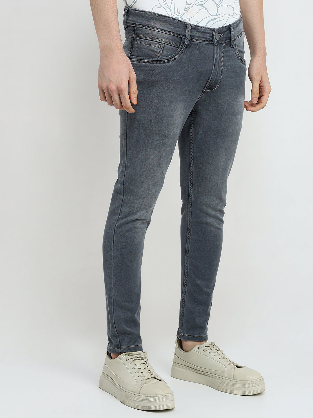 Parx Men Grey Knitted Slim Tapered Fit Cotton Blend Jeans