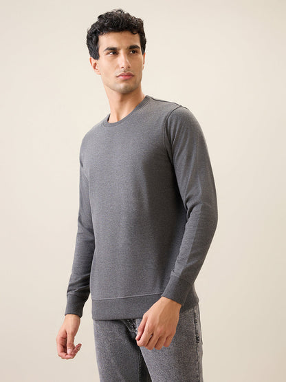 Parx Men Grey Solid Regular Fit Cotton Blend Full Sleeve Round Neck Collar Sweatshirt