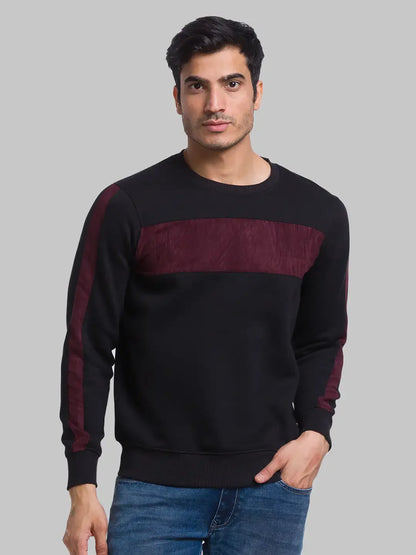 Men Black Regular Fit Cut & Sew Cotton Polyester Blend Round Collar Sweatshirts