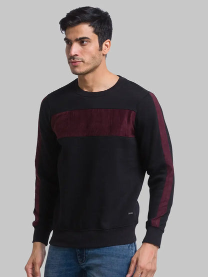 Men Black Regular Fit Cut & Sew Cotton Polyester Blend Round Collar Sweatshirts