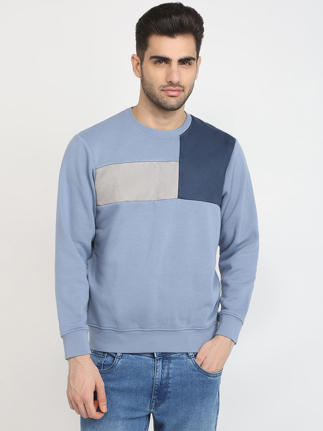 Parx Men Blue Cut & Sew Regular Fit Cotton Blend Full Sleeve Round Neck Collar Sweatshirt