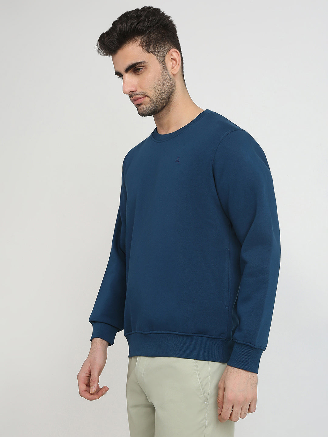 Parx Men Blue Solid Regular Fit Cotton Blend Full Sleeve Round Neck Collar Sweatshirt