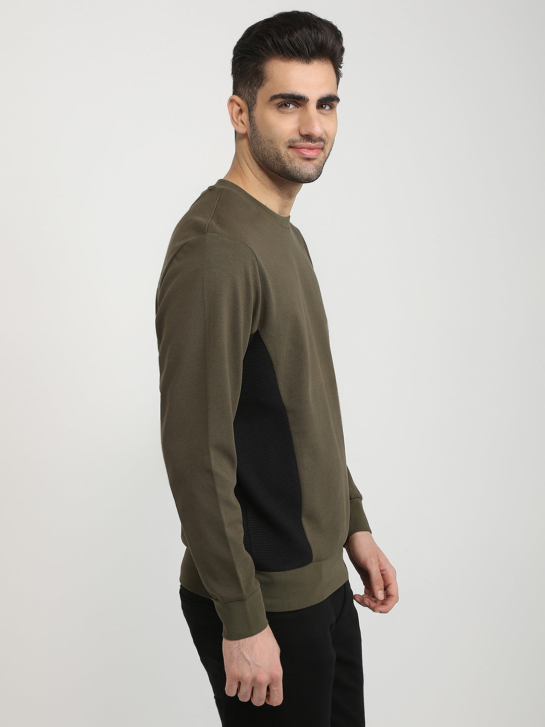 Parx Men Green Structure Regular Fit Cotton Blend Full Sleeve Round Neck Collar Sweatshirt