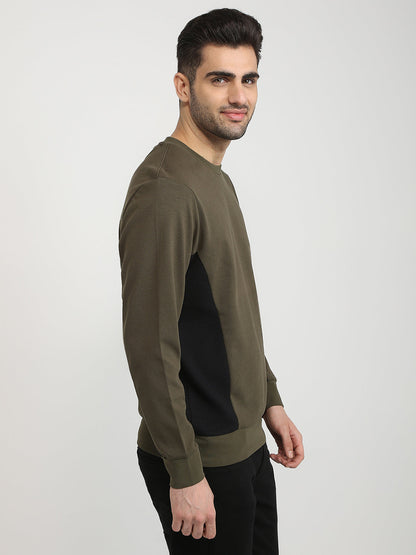 Parx Men Green Structure Regular Fit Cotton Blend Full Sleeve Round Neck Collar Sweatshirt