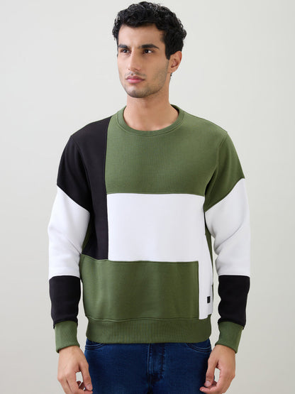 Parx Men Green Yarn Dyed Regular Fit Cotton Blend Full Sleeve Round Neck Collar Sweatshirt