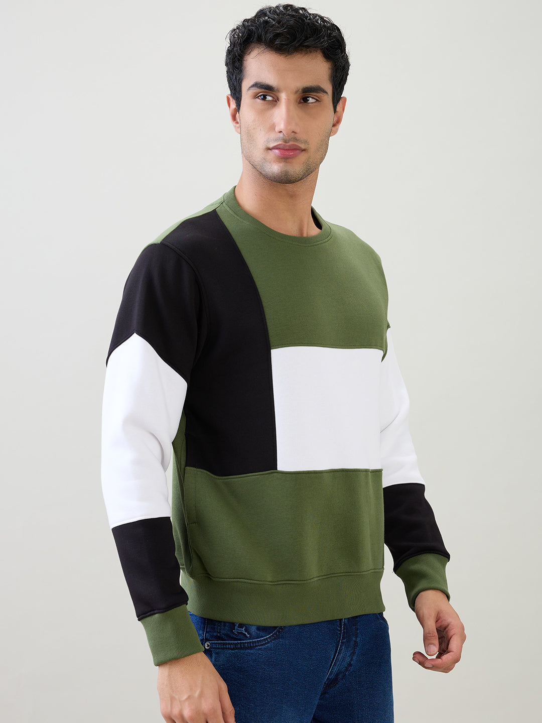 Parx Men Green Yarn Dyed Regular Fit Cotton Blend Full Sleeve Round Neck Collar Sweatshirt