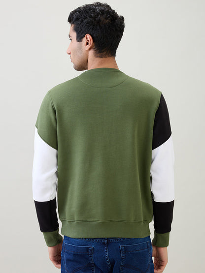 Parx Men Green Yarn Dyed Regular Fit Cotton Blend Full Sleeve Round Neck Collar Sweatshirt