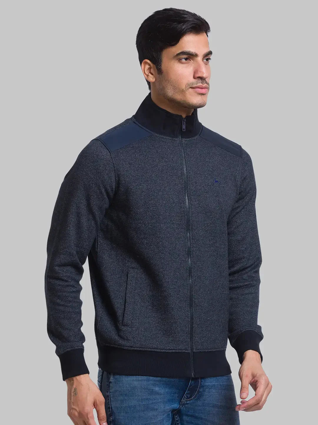 Men Blue Regular Fit Solid Cotton Polyester Blend Sweatshirts