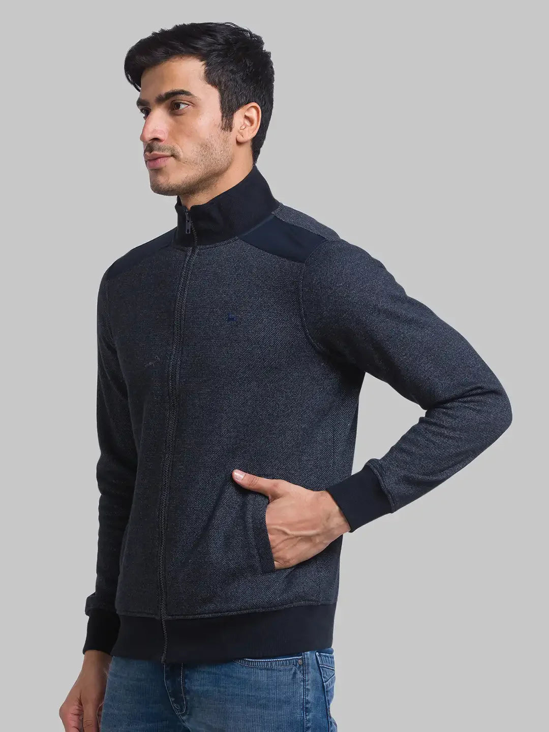 Men Blue Regular Fit Solid Cotton Polyester Blend Sweatshirts