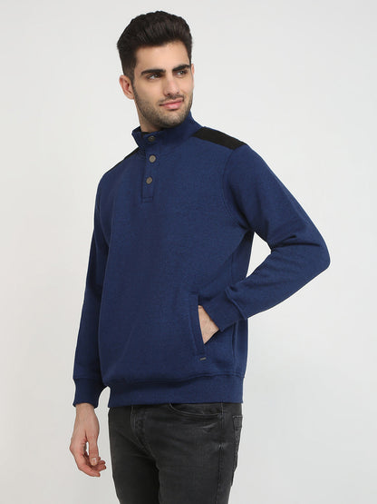Parx Men Blue Solid Regular Fit Cotton Blend Full Sleeve High Neck Collar Sweatshirt