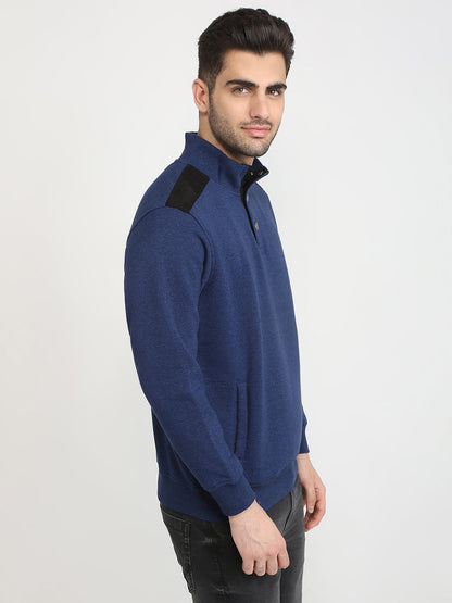Parx Men Blue Solid Regular Fit Cotton Blend Full Sleeve High Neck Collar Sweatshirt